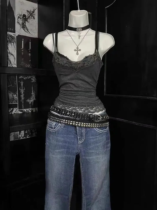 Sexy Grunge Grey Stretch Lace Trim Vest Top TShirt
