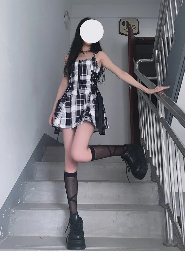 Plaid Ribbon Lace Up Punk Check Mini Dress