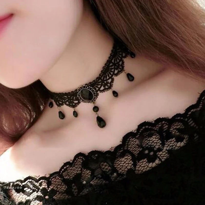 Gothic Chokers Crystal Black Lace Collar Necklace Vintage Victorian