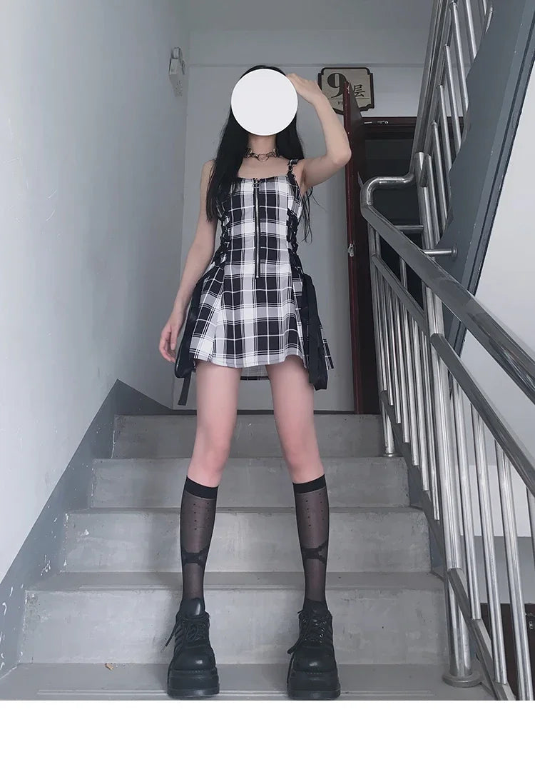 Plaid Ribbon Lace Up Punk Check Mini Dress