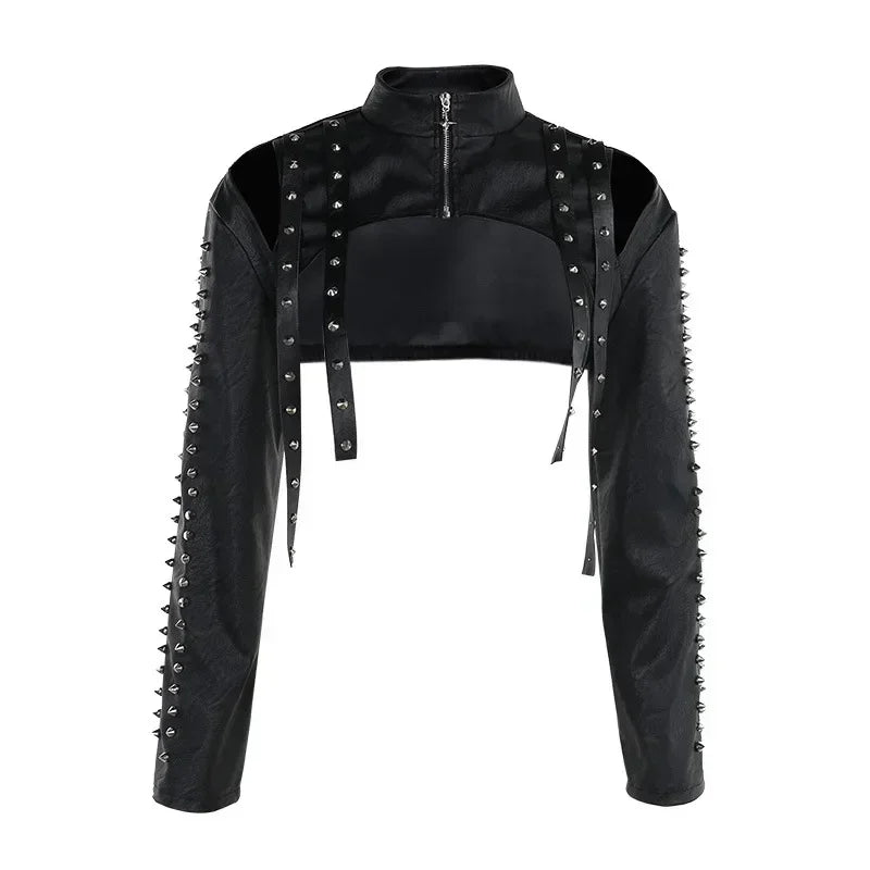 Black Punk Faux Leather Cropped Jacket Gothic Rivet Style Biker Studded Clothes