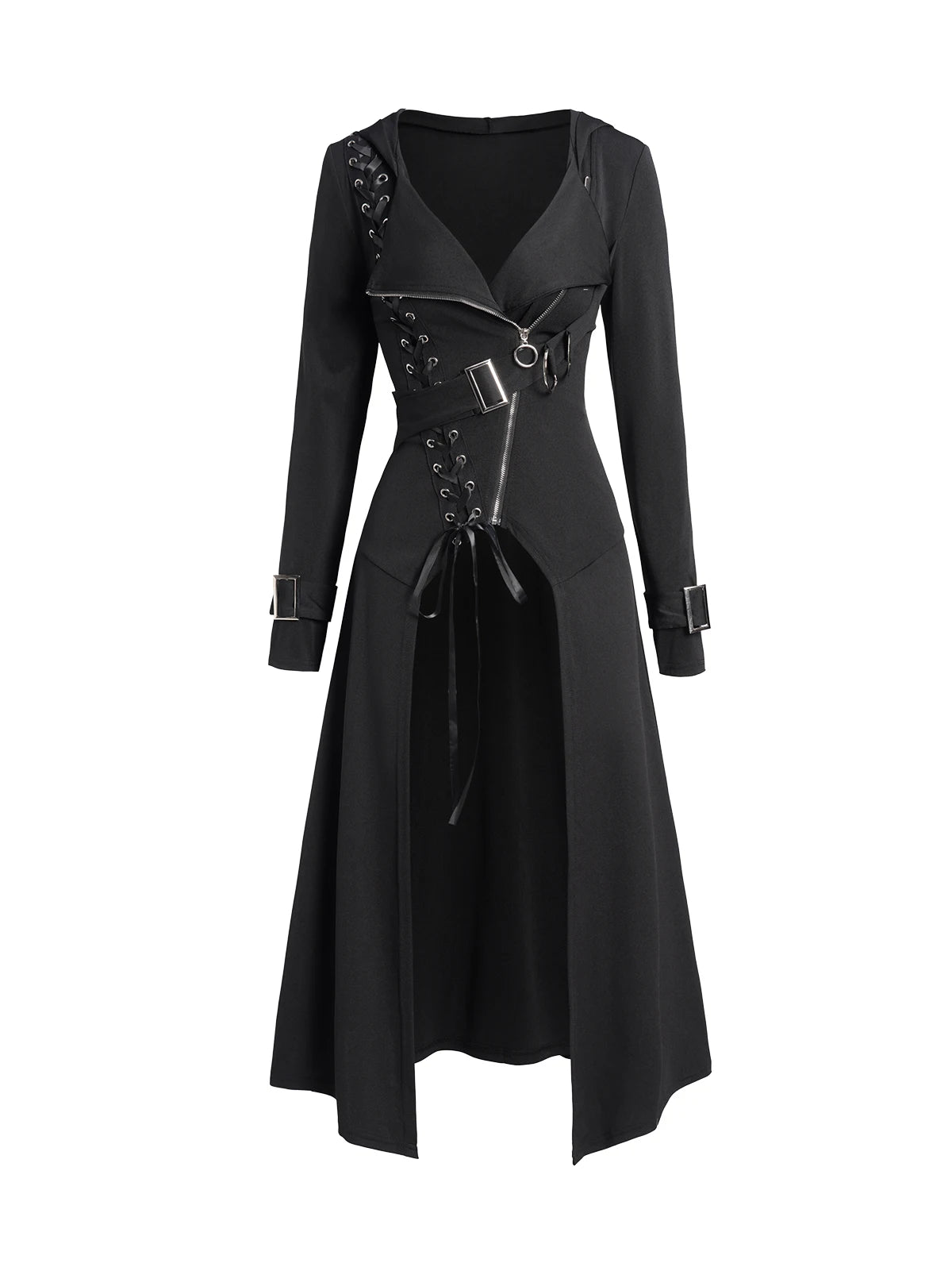 Long Black Hooded Coat Punk Gothic Lace Up Zip Longline Jacket