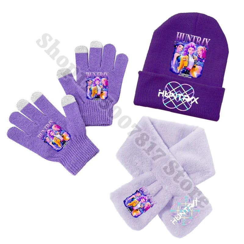 KPop Demon Hunters Kids Winter Knitted Hat Scarf Gloves Set Saja Boys K-pop Merch Huntrix Gifts