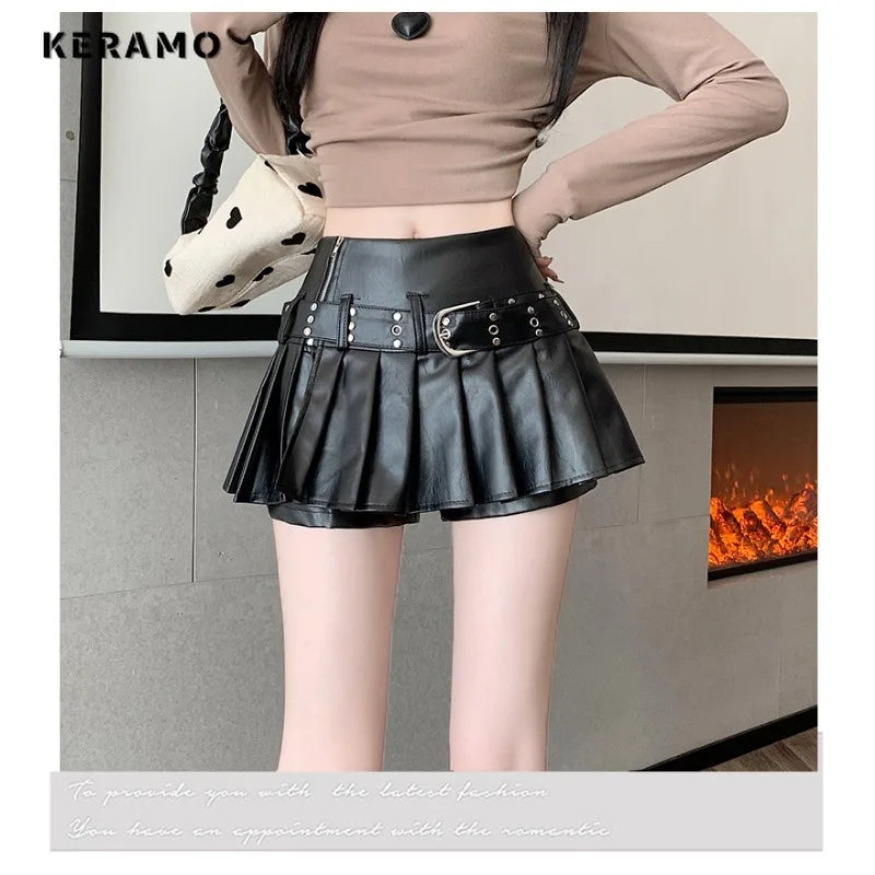 Sexy Black PU Leather Pleated Mini Skirt Skort Clubwear