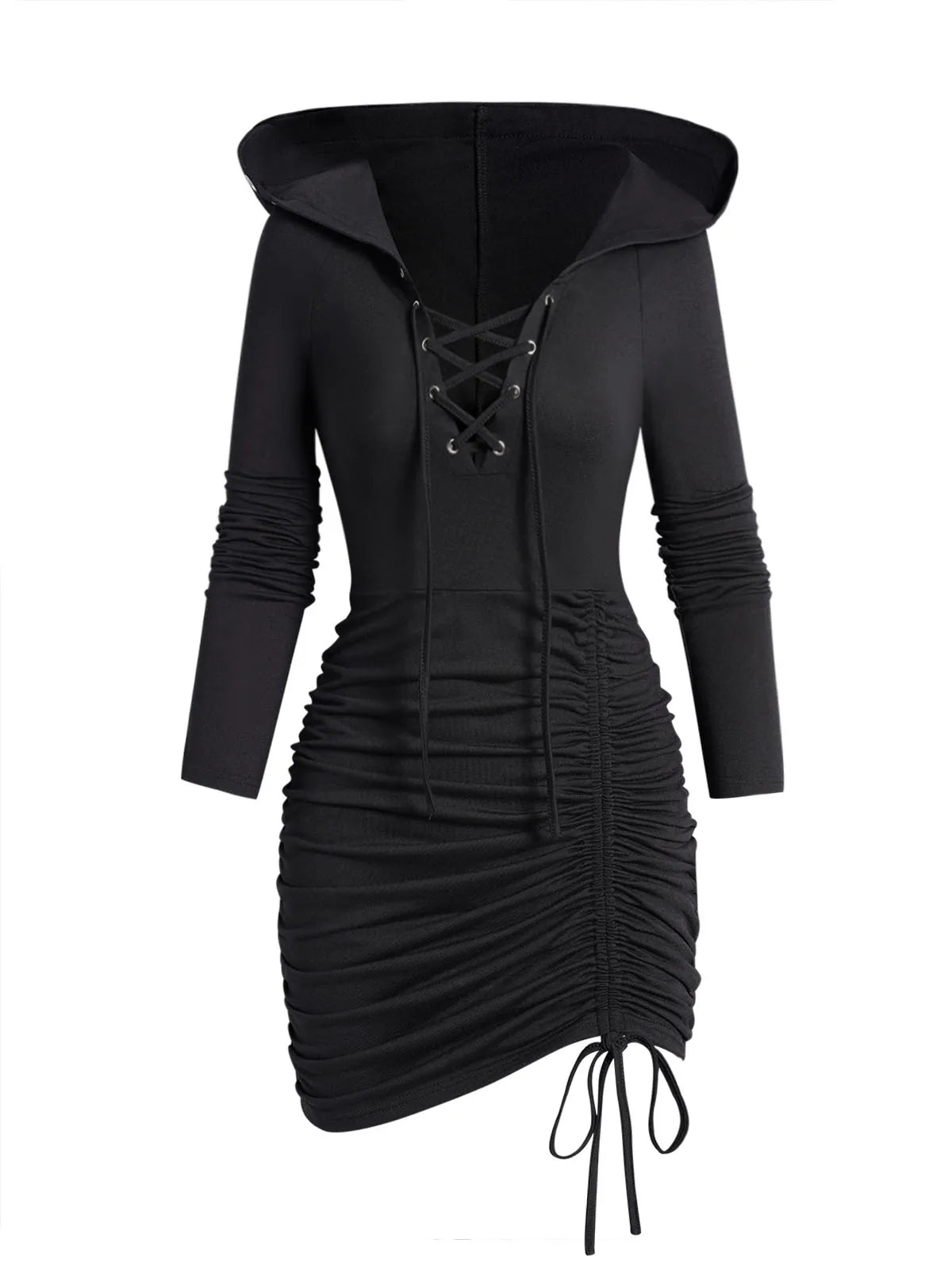 Black Gothic Hooded Dress Lace up Ruched Mini Dress