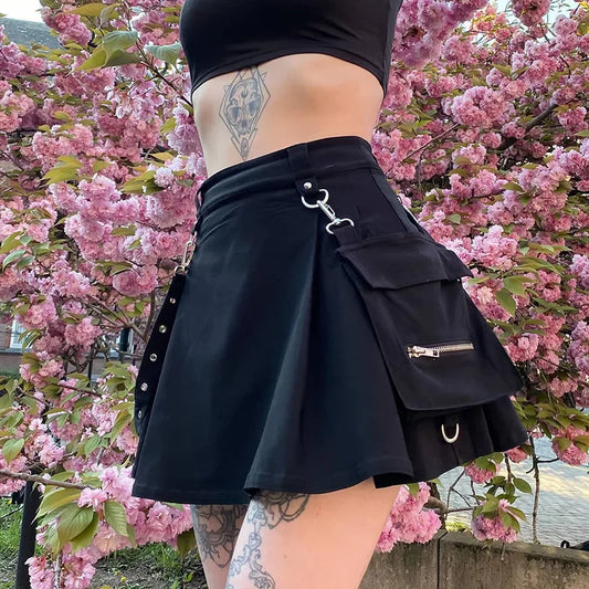 Black Gothic Punk Pleated Utility High Waist Skirt