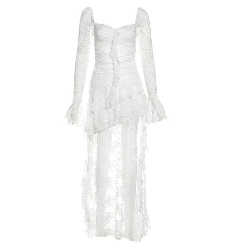 White Fairycore Lace Flare Sleeve Long Train Dress