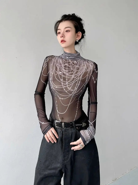 Sexy Gothic Grunge Long Sleeve Mesh Sheer Y2k Top