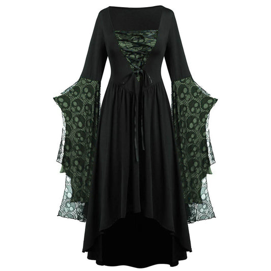 Gothic Long Black Witch Dress Halloween Fancy Dress Costume Green