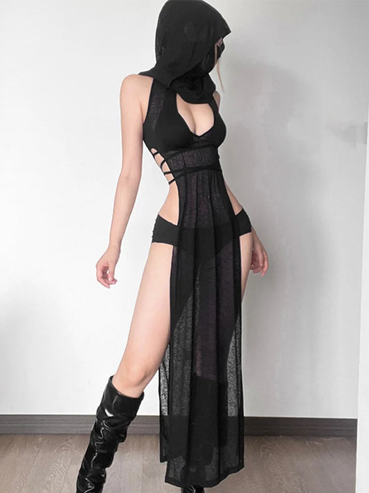 Sexy Mesh Sheer Knitted Hooded Black Cyberpunk Dress