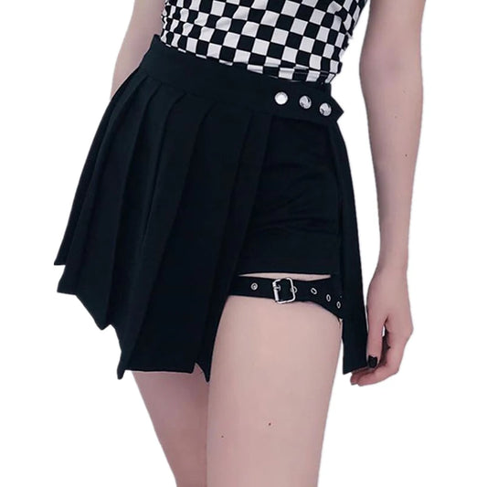 Gothic Punk Pleated Skirt Skort Leg Strap Mini Skirt