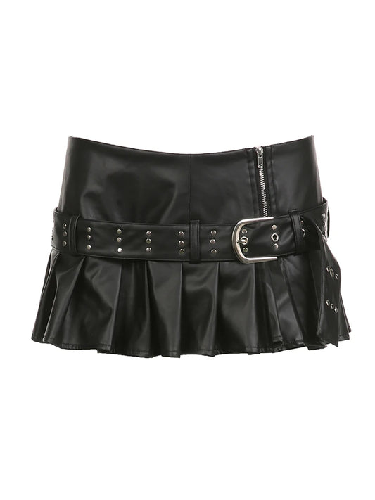 Sexy Punk Gothic Zipper Split Black PU Leather Pleated Skirt With Rivet Belt