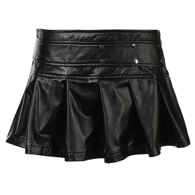 Sexy Clubwear Black PU Pleated Leather Hipster Studded Mini Skirt