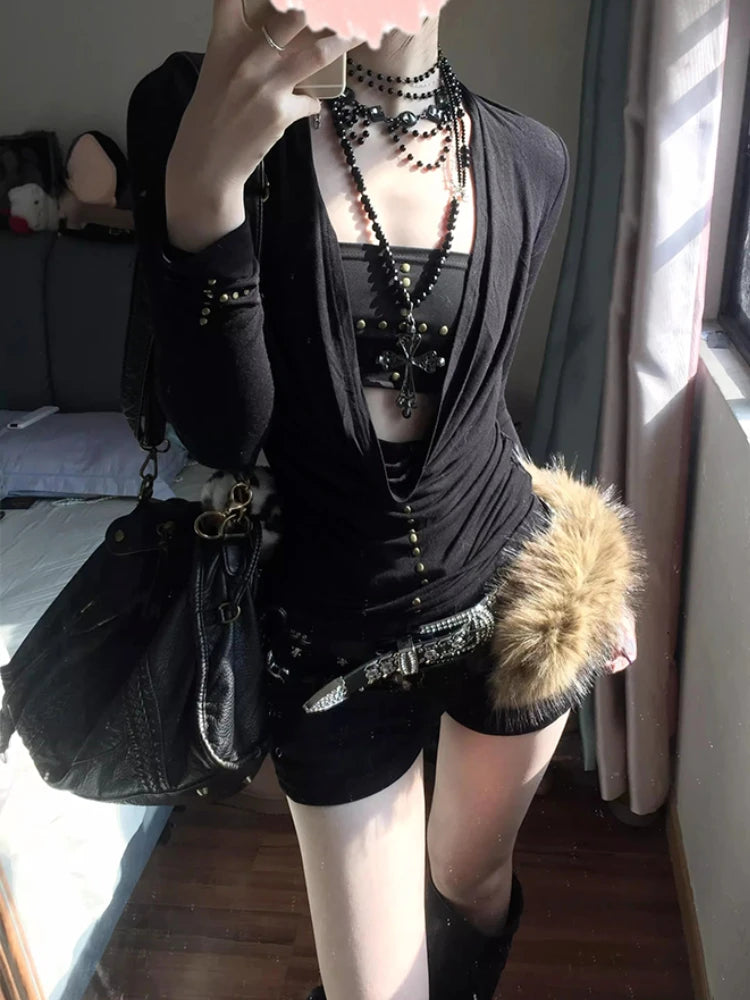 Gothic Alternative Sexy Y2K 2 Pieces Black Long Sleeved Top Boobtube