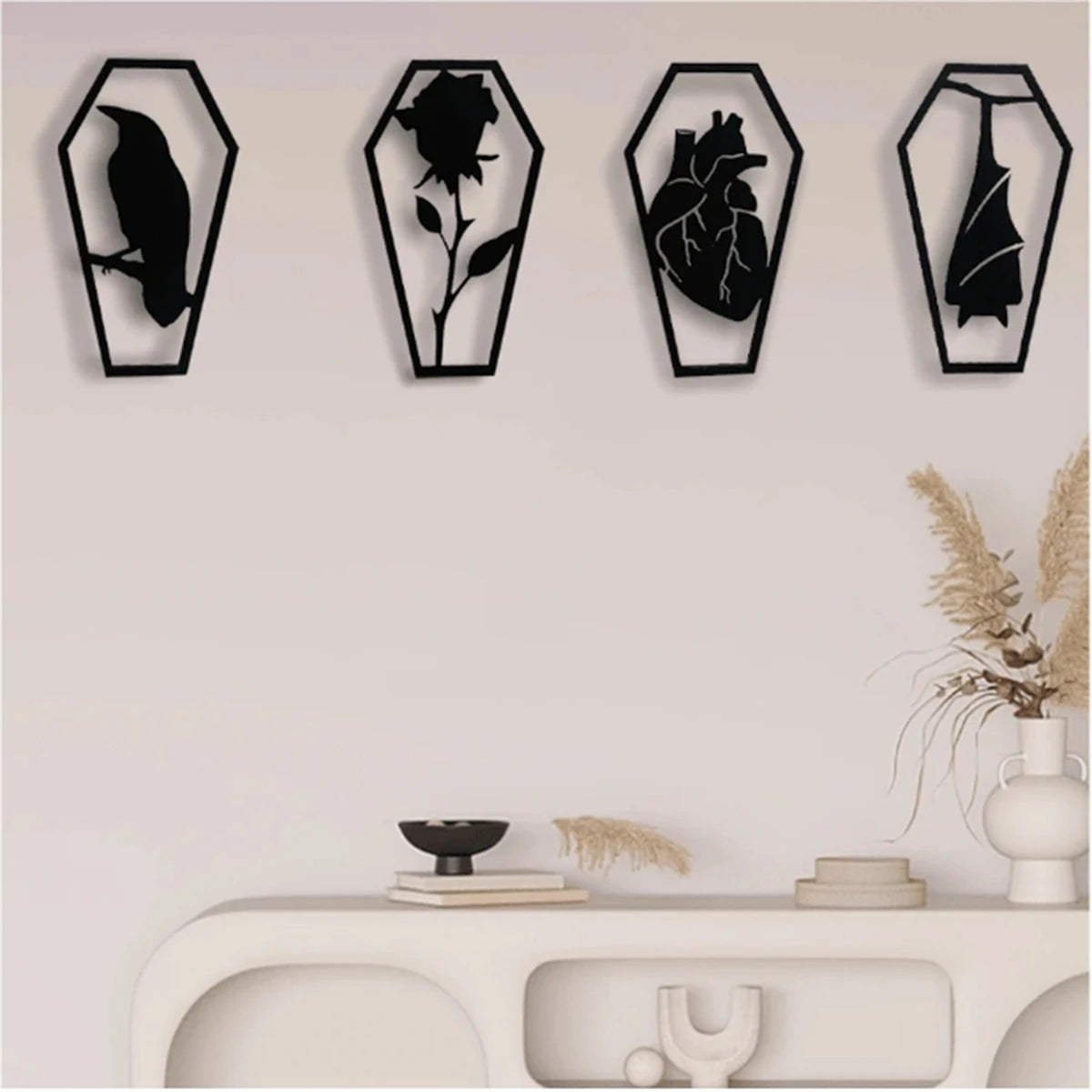 Coffin Shaped Gothic Home Decor Wooden Bat Crow Decoration Wall Hanging Art
