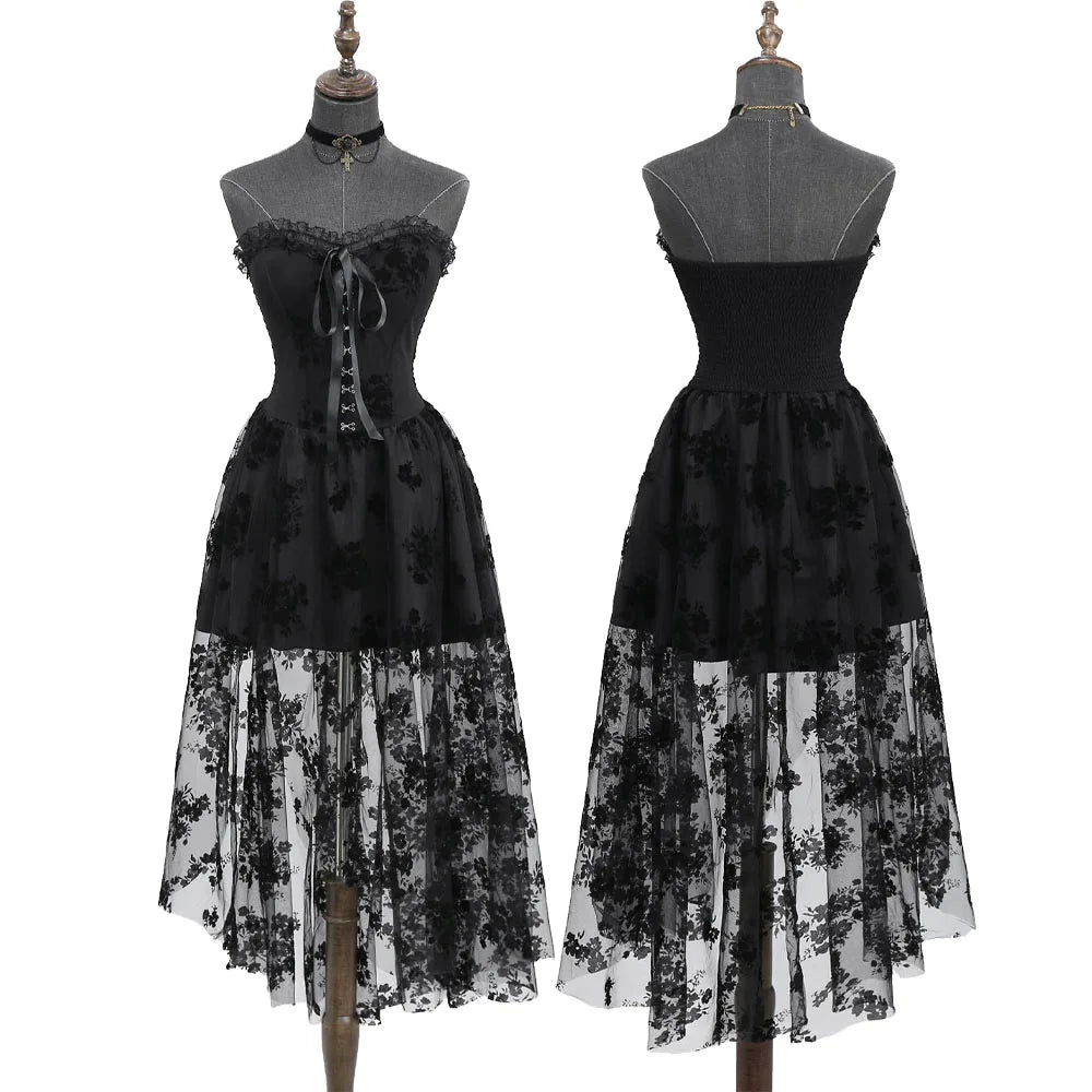 Black Lace Overlay Gothic Lace up Strapless Corset Dress