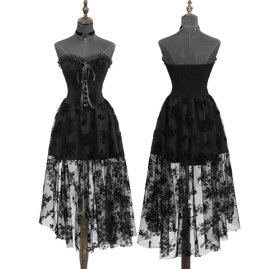 Black Lace Overlay Gothic Lace up Strapless Corset Dress