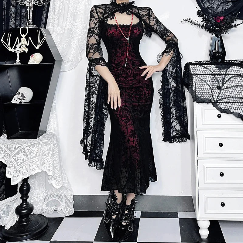 Gothic Black Red Lace Sexy Long Fishtail Dress