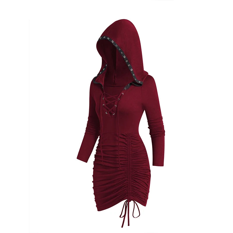 Black Gothic Hooded Dress Lace up Ruched Mini Dress