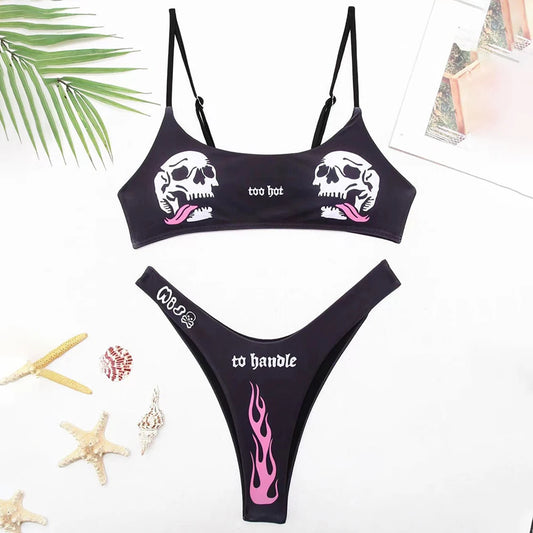 Sexy Punk Bikini Swimsuit Black 2 Piece Swimwear with Gothic Skull Print