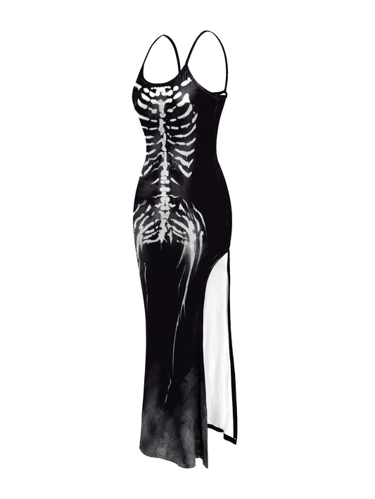 Sexy Punk Camisole Vest Long Dress Gothic Skeleton Pattern