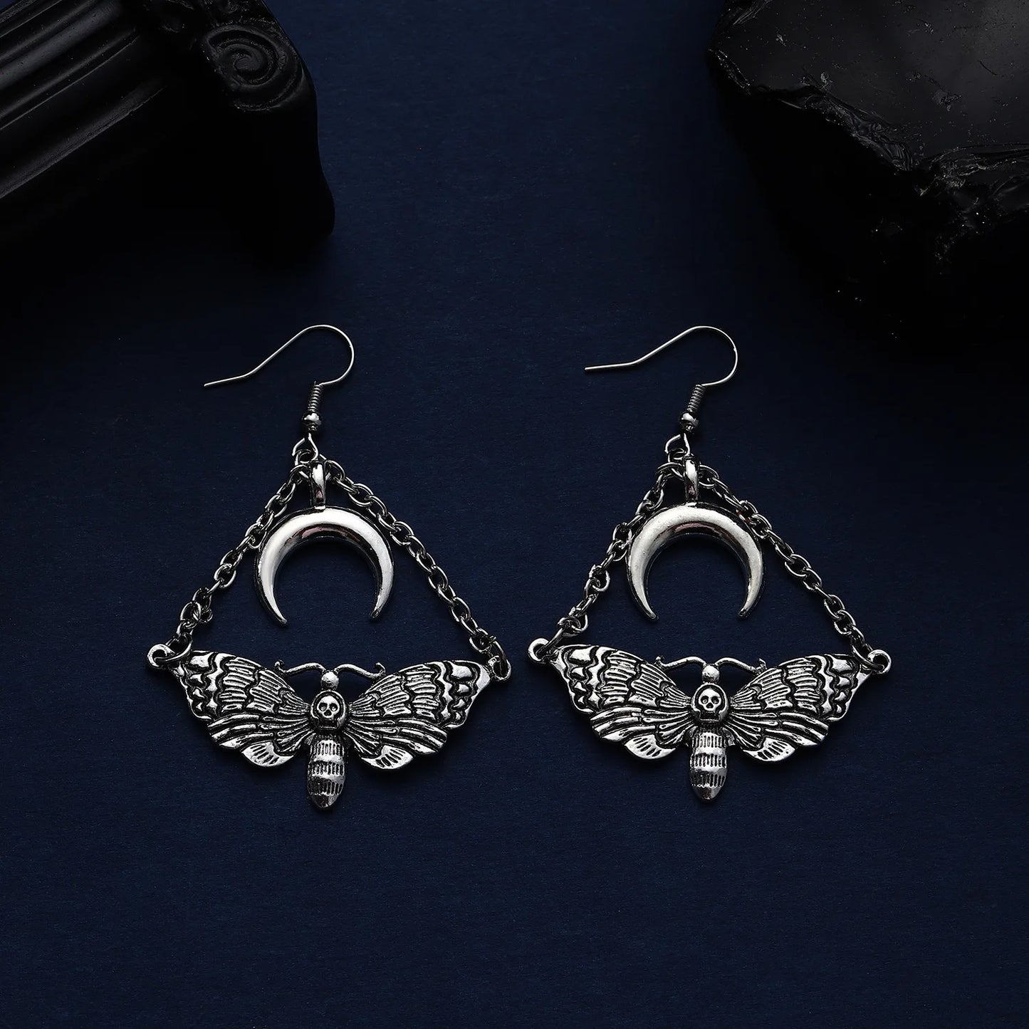 Gothic Skull Moth Hanging Moon Chain Earrings