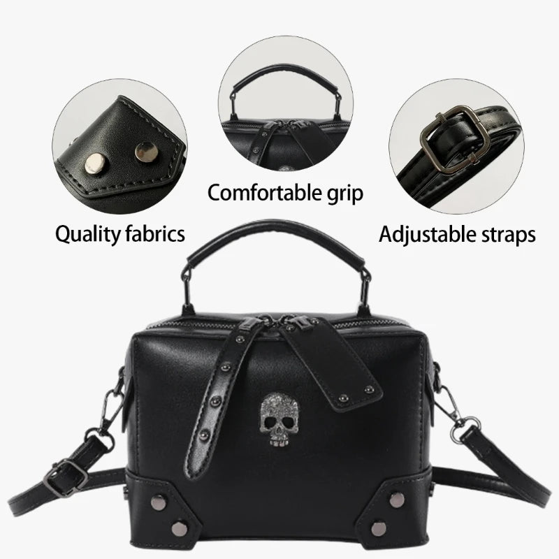 Top Handle PU Leather Crossbody Bag Punk Skull Crosses Small Shoulder Handbag