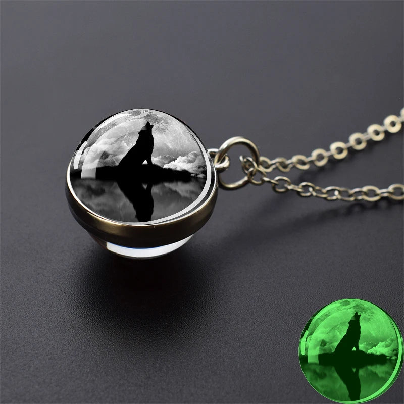 Glow in the Dark Wolf Necklaces Howling Wolf Head and Moon 2CM Glass Ball Pendant Double Sided
