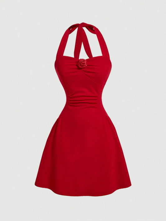 Sexy Red Halter Neck Rose Summer Party Dress