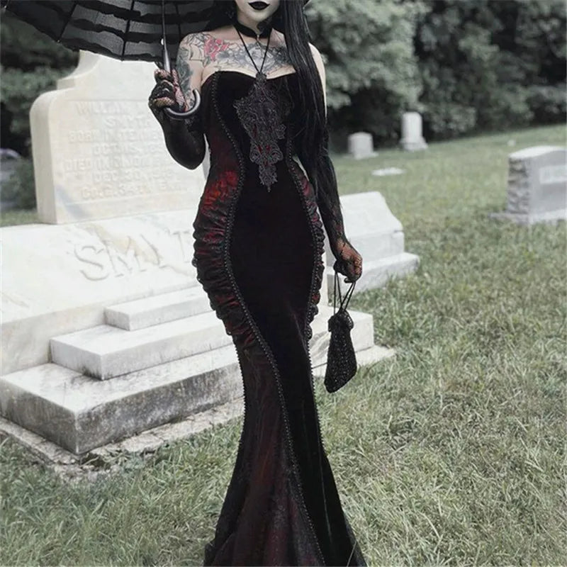 Victorian Gothic Velvet Lace Mesh Vampire Long Mermaid Dress