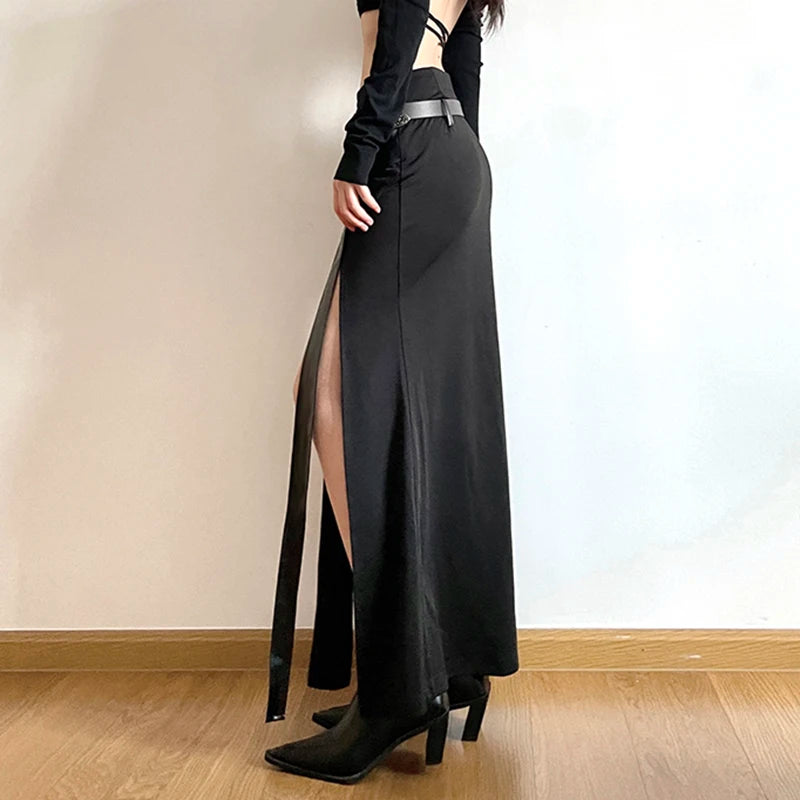 Sexy Long Black Gothic Punk Thigh Split Maxi Skirt