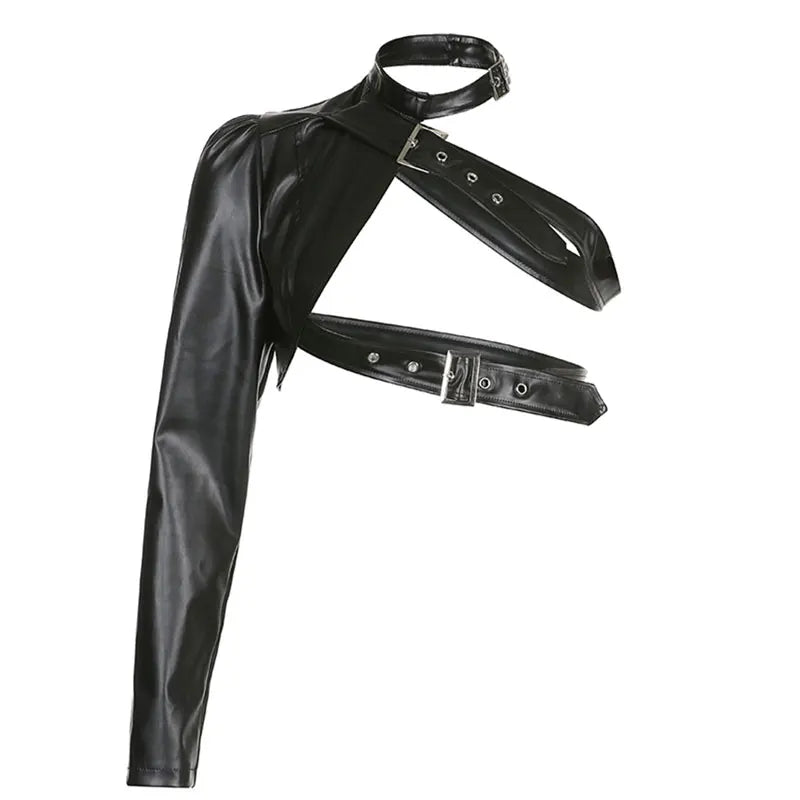 Faux Leather Goth Punk Belt Buckle One Shoulder Jacket Strap Top