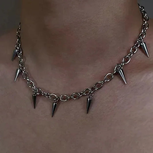Punk Hip Hop Metal Rivet Pointed Choker Necklace Gothic Silver Chain