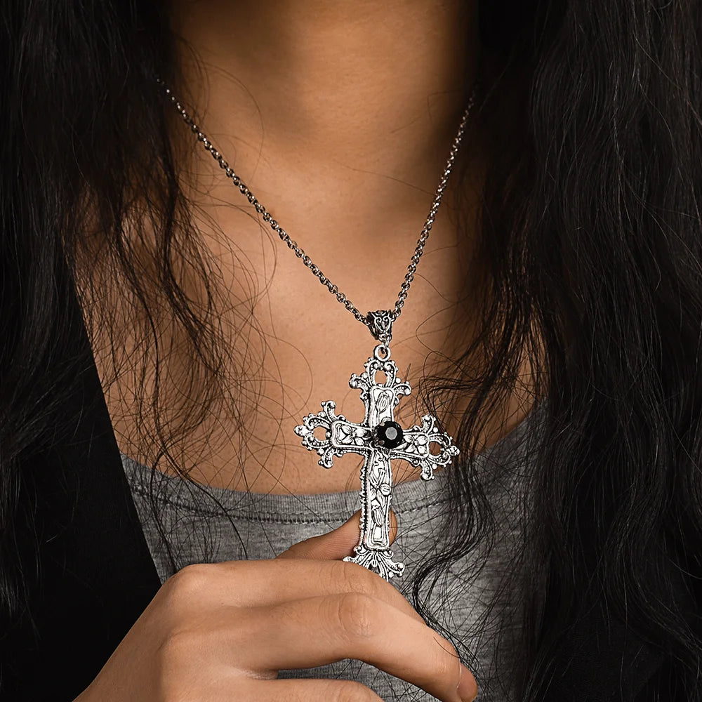 Gothic Victorian Punk Crystal Cross Pendant Necklace Gothic Chain