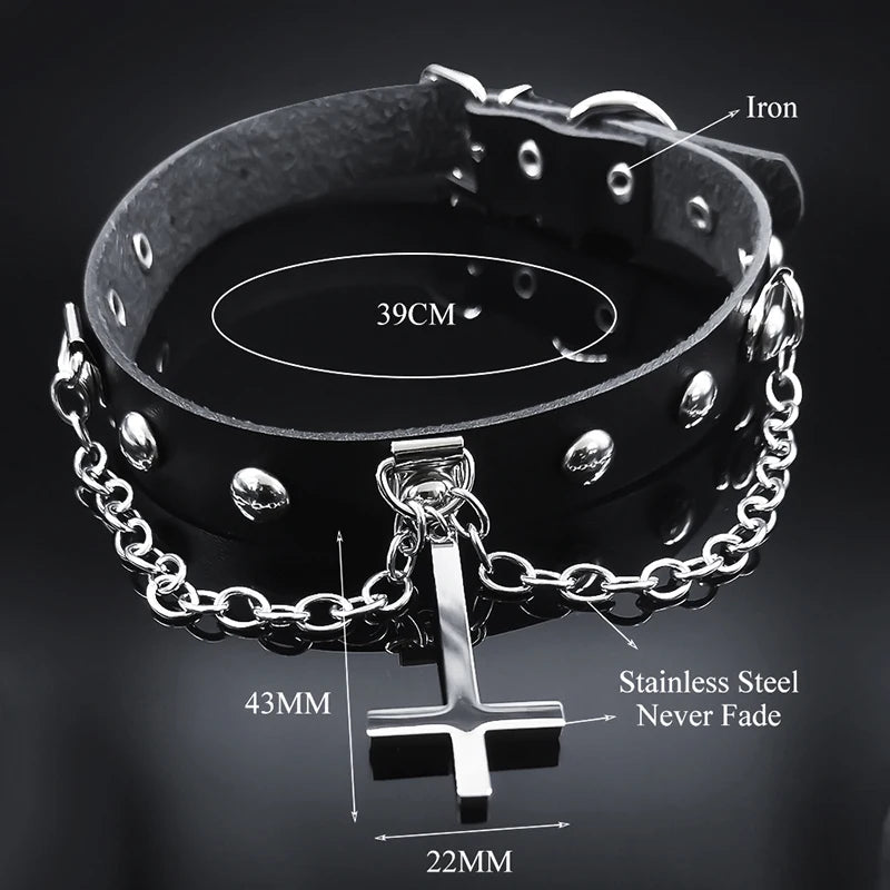 Punk Choker Gothic Satan Inverted Cross Necklace Satanic Jewellery