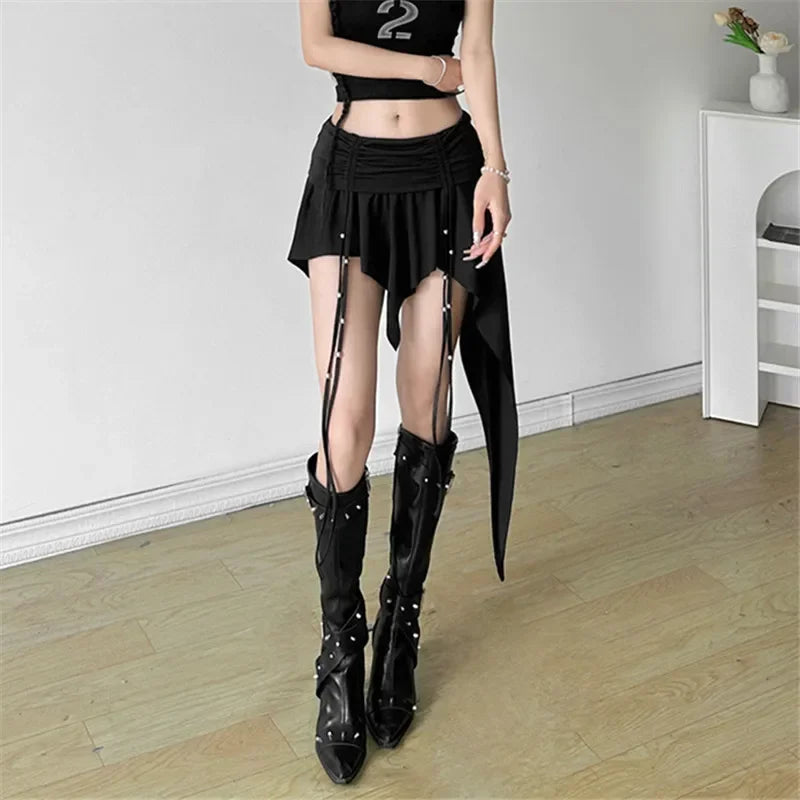 Gothic Punk Hipster Mini Skirt Dropped Waist Drawstring