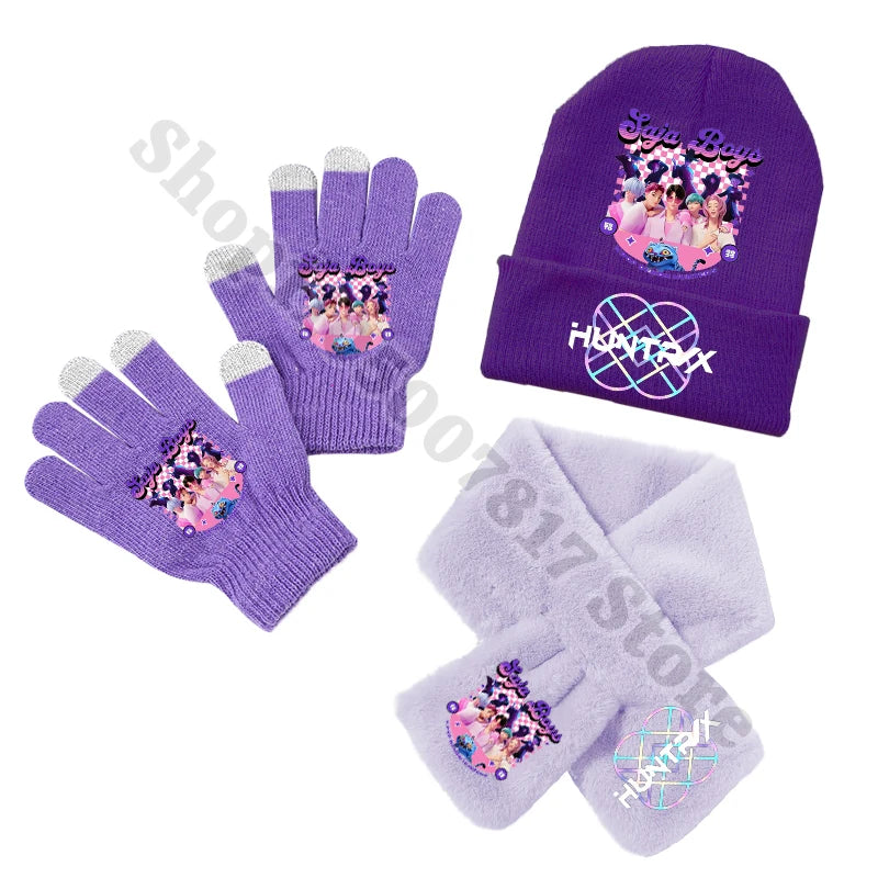 KPop Demon Hunters Kids Winter Knitted Hat Scarf Gloves Set Saja Boys K-pop Merch Huntrix Gifts
