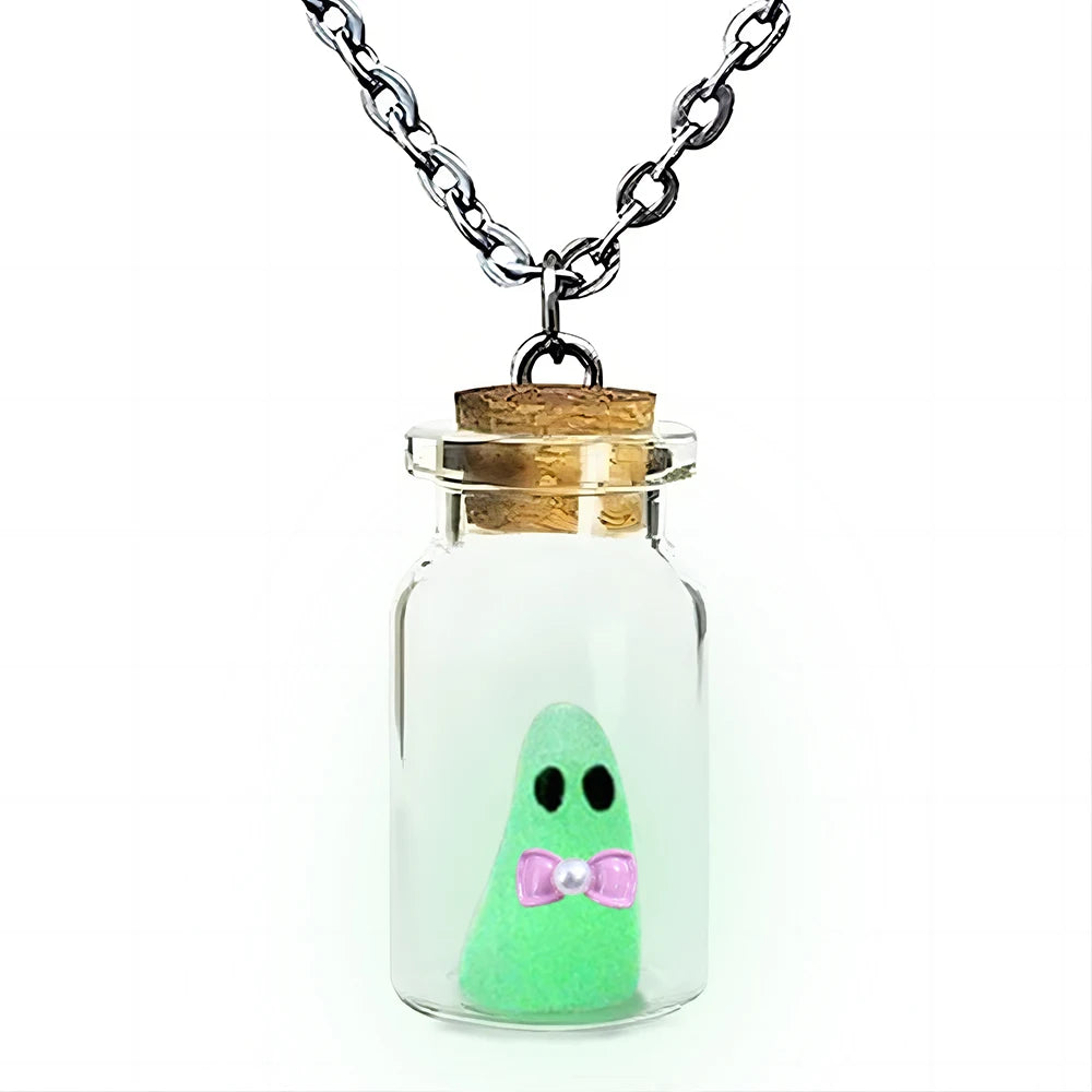 The Adopt A Ghost Necklace, Glow-In-The-Dark Halloween Necklace, Tiny Ghost in A Bottle Pendant Necklace
