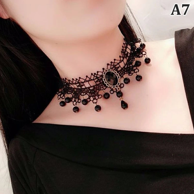 Gothic Chokers Crystal Black Lace Collar Necklace Vintage Victorian