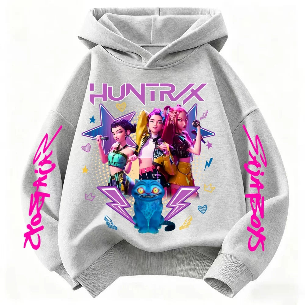 Kpop Demon Hunters Hoodie Girl's Pink Hooded Sweatshirt Huntrix Jumper K-Pop Clothes Top