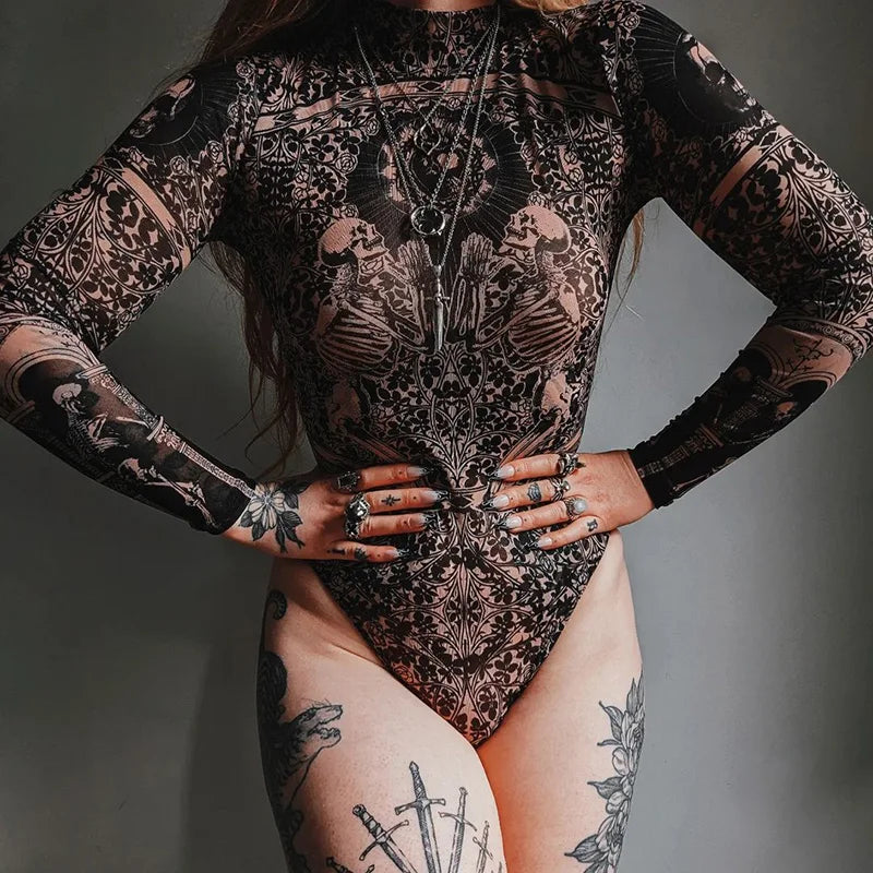Black Gothic Print See Through Bodycon Mesh Sheer Bodysuit