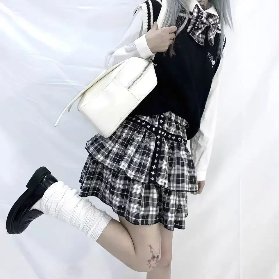 Punk Plaid Ruffle Skirt White Black Check Short Mini