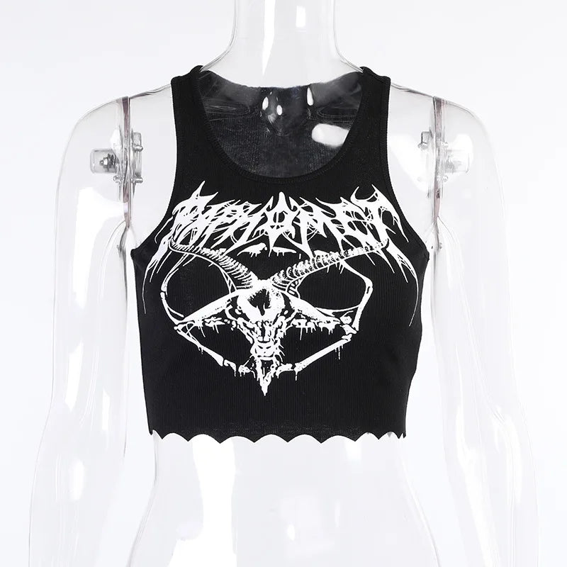 Sexy Black Gothic Print Baphomet Pagan Vest Crop Top Knit TShirt