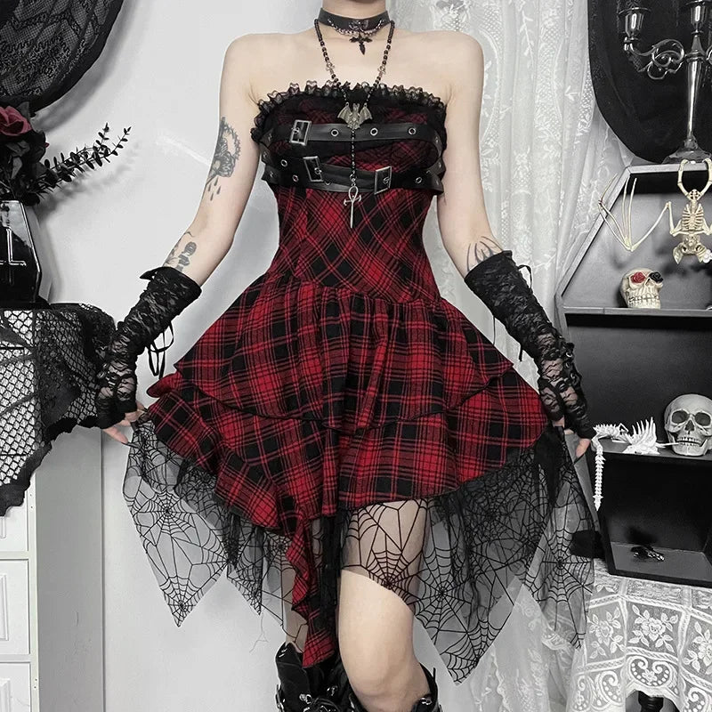 Punk Alternative Red Black Tartan Plaid Belt Buckle Lace Dress