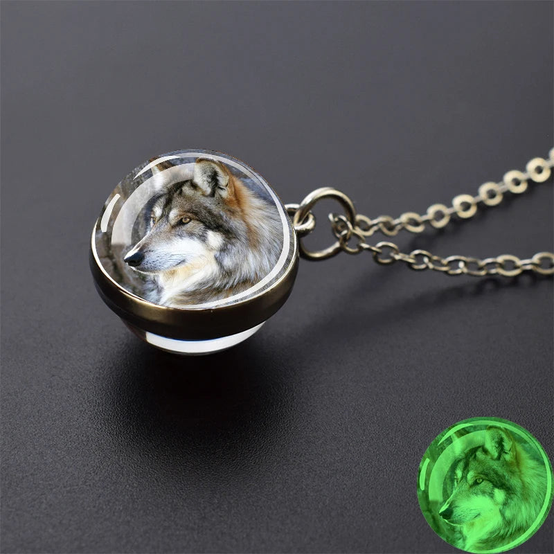 Glow in the Dark Wolf Necklaces Howling Wolf Head and Moon 2CM Glass Ball Pendant Double Sided