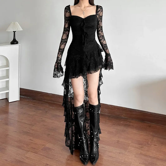 Victorian Gothic Lace Black Long Train Dress