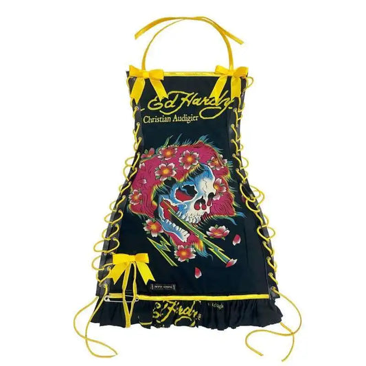 Alternative Punk Skull Printed Gothic Mini Lace Up Halter Y2k Bodycon Dress