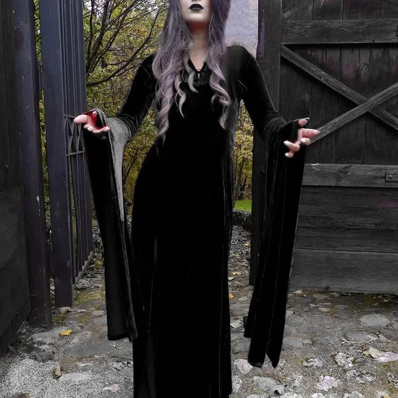 Sexy Black Gothic Velvet Lace Long Black Vampire Witch Dress