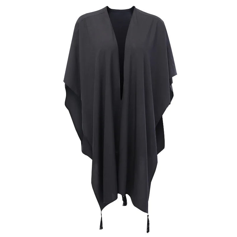 Pagan Gothic Black Retro Moon Print Tassel Cloak Poncho