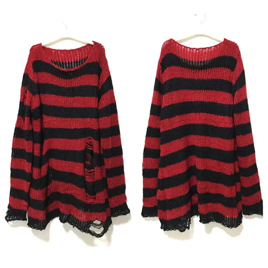 Punk Gothic Long Black Grey Striped Oversized Sweater Hollow Out  Ribbed Jumper
